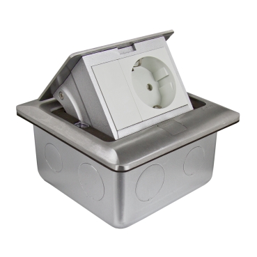 Doza pardoseala popup+doza protectie, metal, IP44, rectangulara, echipata cu priza 2m 2P+E si obturator 1m
