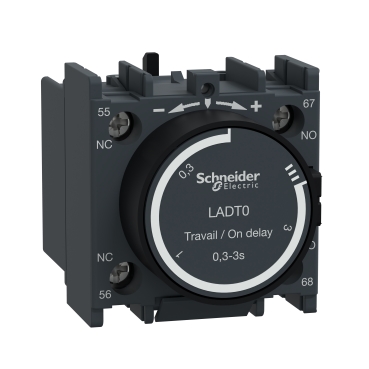 Time delay auxiliary contact block, TeSys Deca, 1NO + 1NC, on delay 0.3-3s, front, screw clamp terminals Time delay auxiliary contact block, TeSys Deca, 1NO + 1NC, on delay 0.3-3s, front, screw clamp terminals